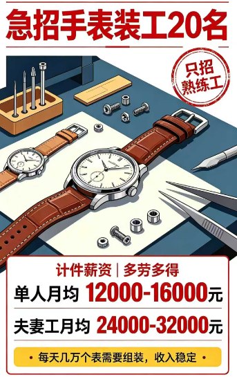急招 手表组装工20名  单人工资均 12000-16000元/月图片1