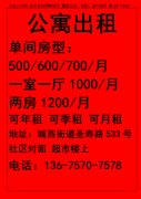 城西公寓出租 单间房型：500/600/700/月 一室一厅1000/月 两房1
